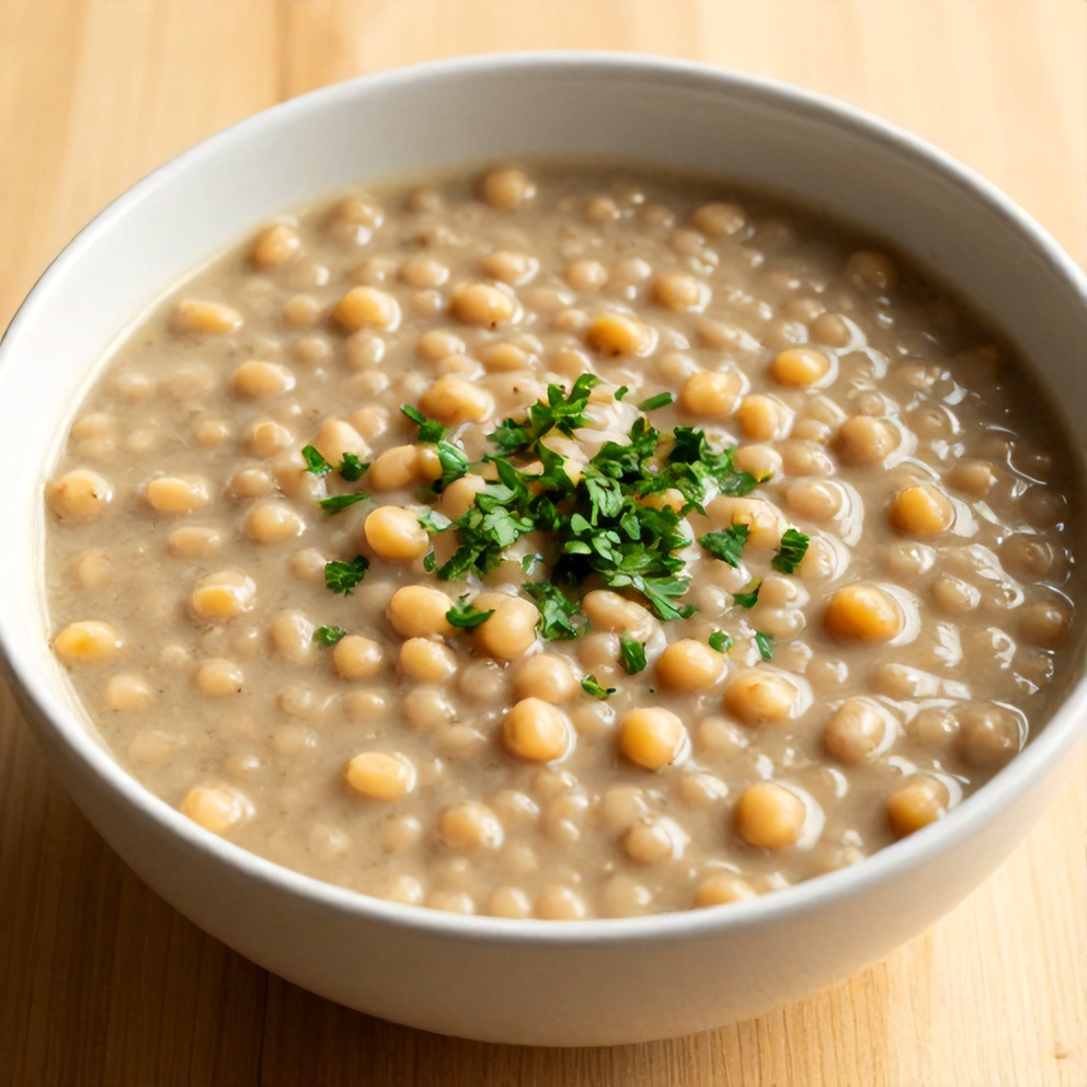 Bowl of creamy Split Pea Soup with a sprinkle of chopped parsley