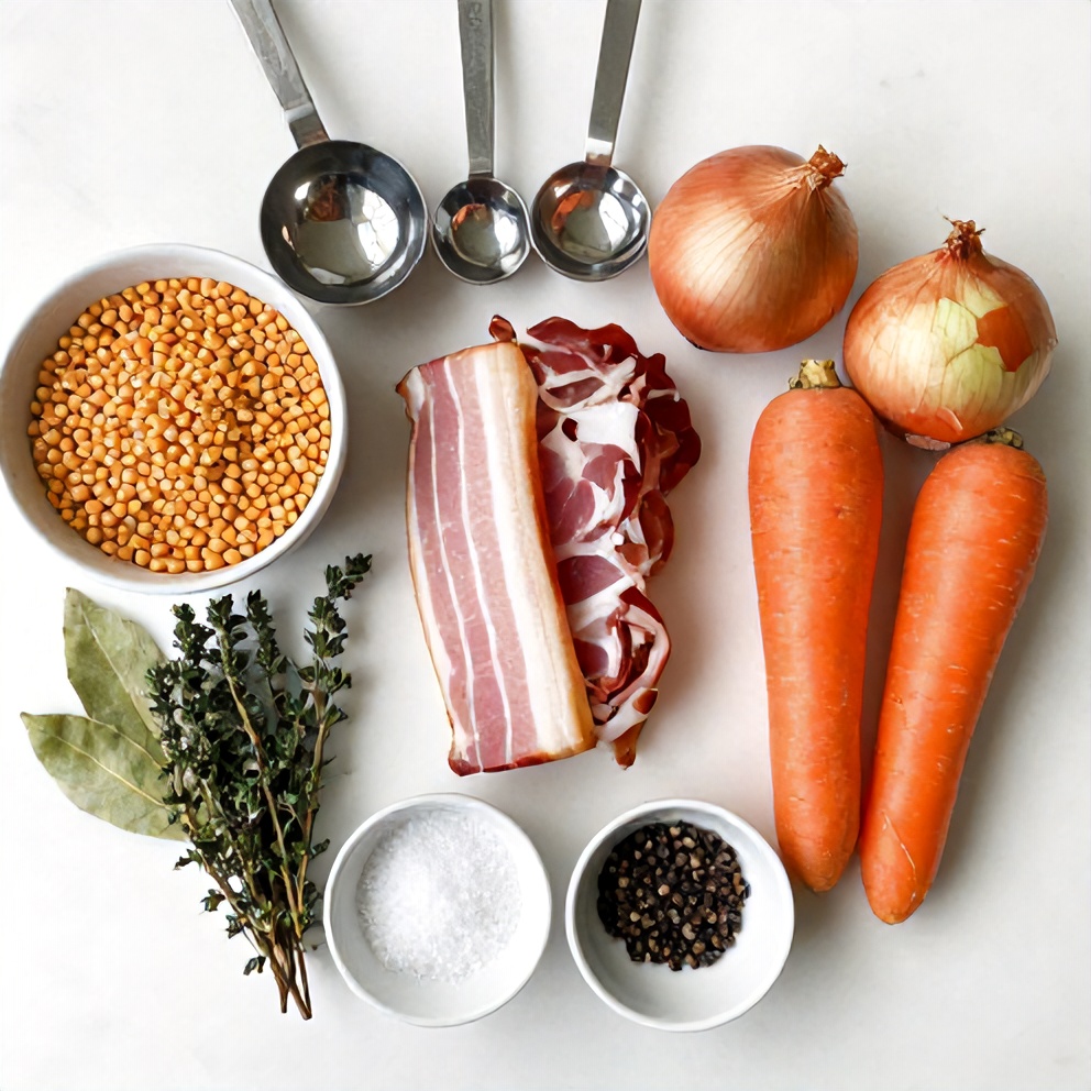Split peas, carrots, onions, garlic, and ham on a wooden surface