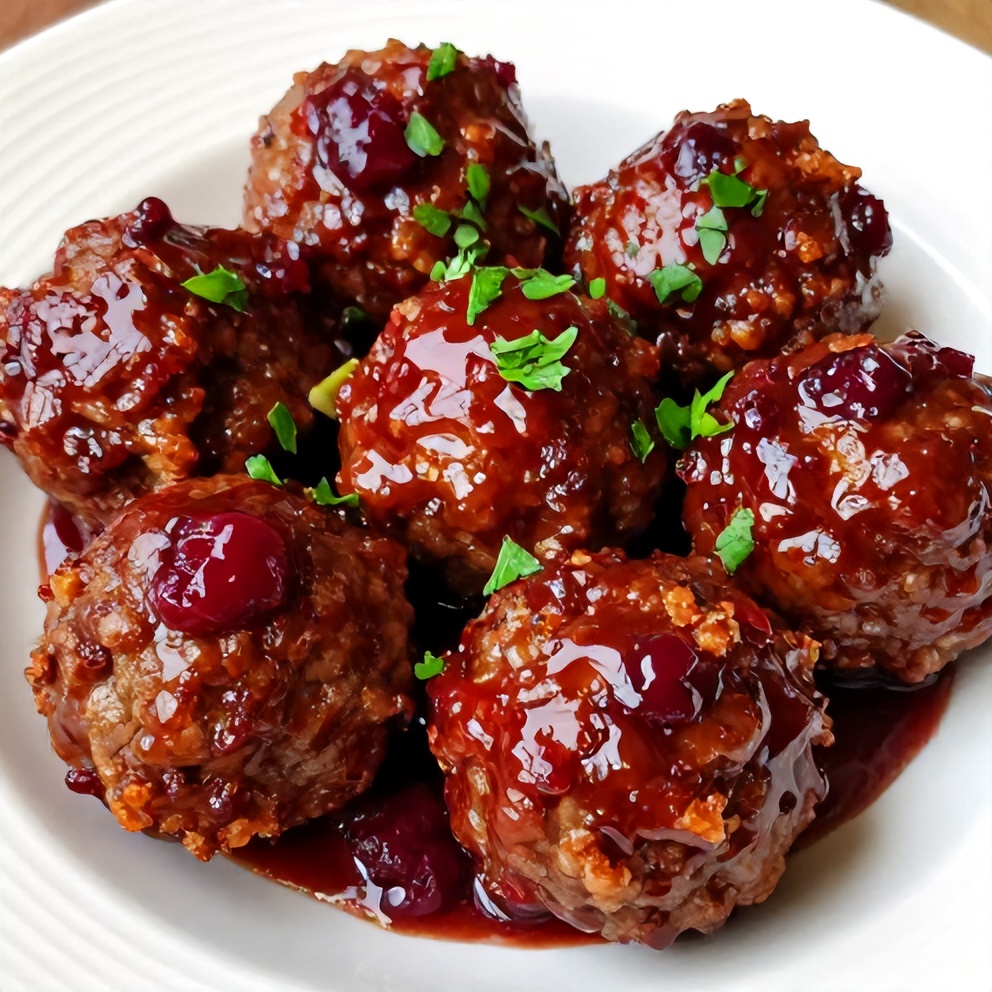 Plated serving of sweet and tangy cranberry meatballs