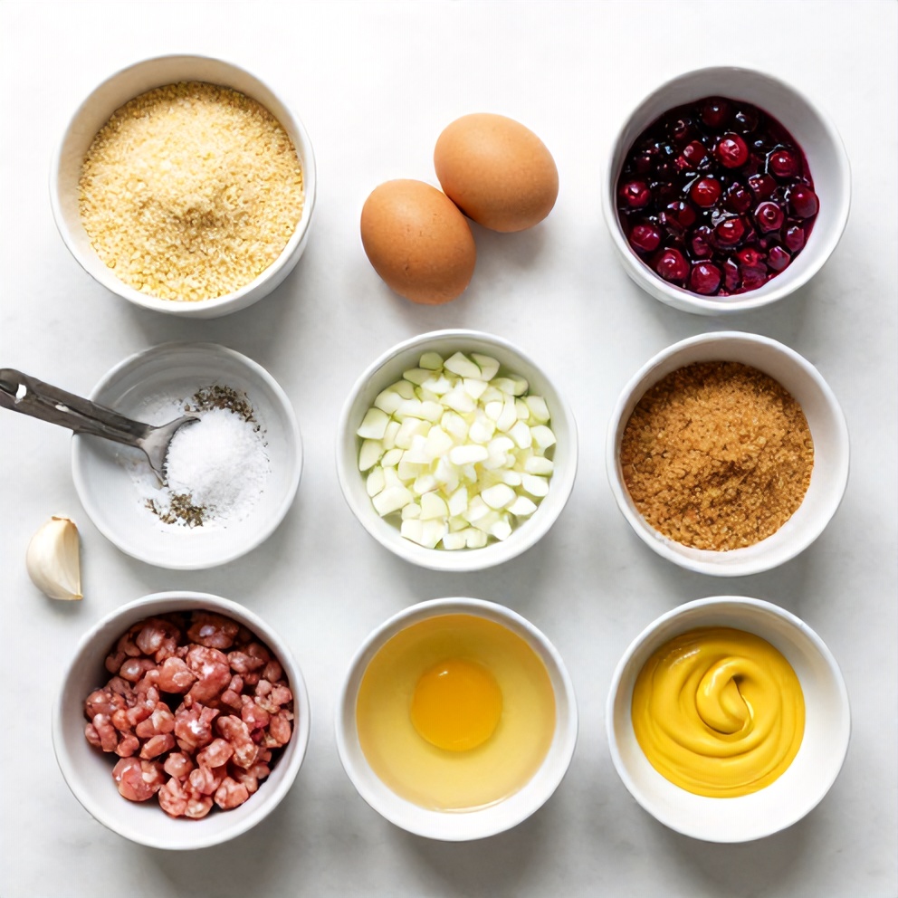 Raw ingredients for cranberry meatballs on a marble surface