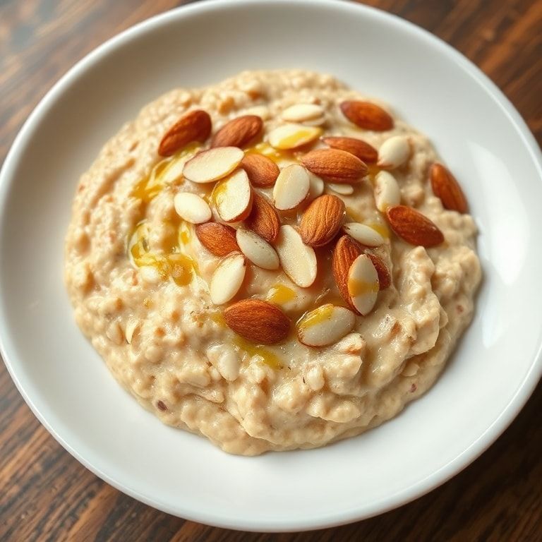 One bowl of creamy almond butter oatmeal garnished with sliced almonds and a drizzle of honey in a white ceramic bowl