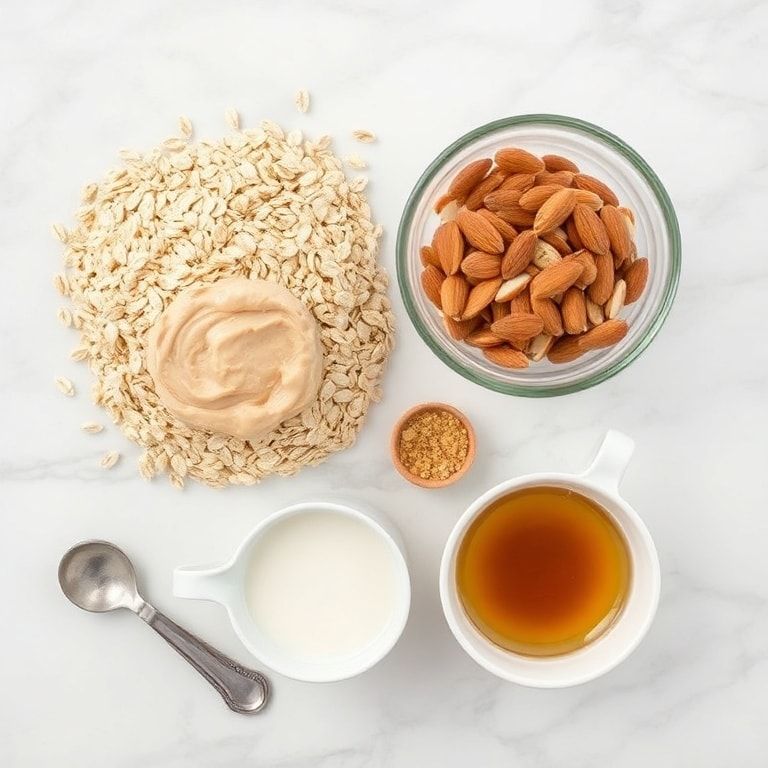 Overhead view of raw ingredients for creamy almond butter oatmeal including rolled oats, almond butter, milk, sliced almonds, and honey with measuring spoons