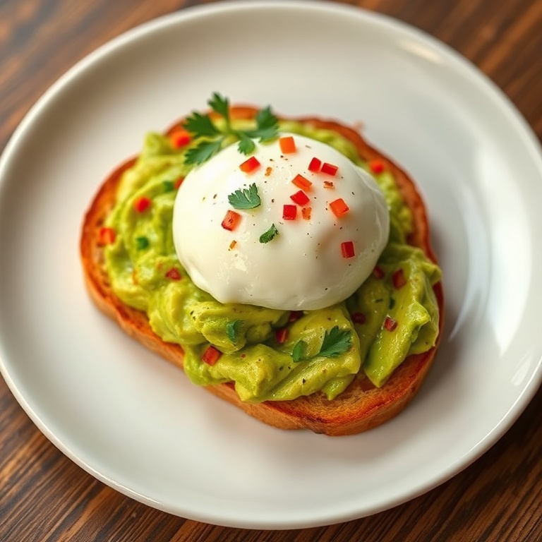 Close-up of a plated serving of creamy avocado toast topped with perfectly poached eggs and garnished with red pepper flakes