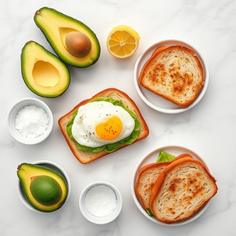 Raw ingredients for creamy avocado toast with poached eggs including avocados, eggs, lemon, bread, salt, and pepper arranged on a white surface