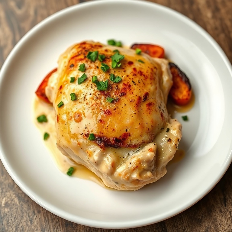 Close up of one plated creamy baked Dijon chicken thigh garnished with fresh parsley on a white ceramic plate
