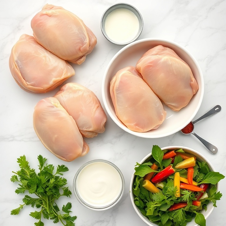 Overhead flat lay of raw chicken thighs, dijon mustard, heavy cream, garlic, and mixed vegetables with prep bowls on a white marble surface