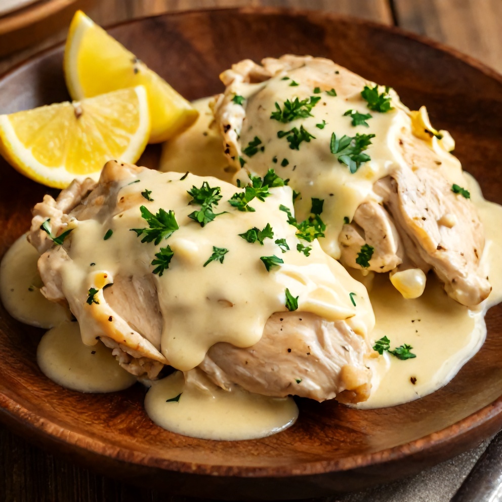 Plated serving of Creamy Baked Lemon Butter Chicken