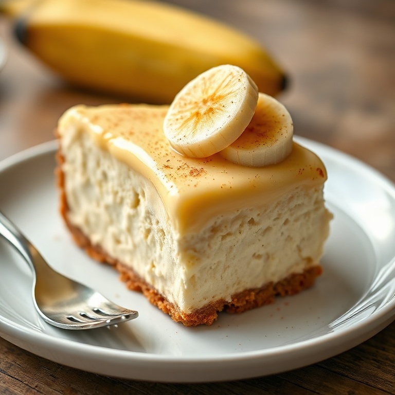 Perfectly plated banana cheesecake with banana pudding topping. Garnished with banana slices and a dusting of cinnamon.
