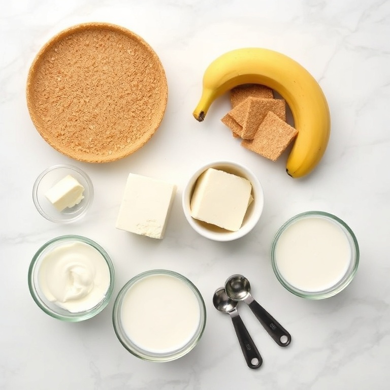 All raw ingredients for creamy banana cheesecake. Flour, sugar, cream cheese, bananas, and vanilla extract arranged in a neat flat lay.