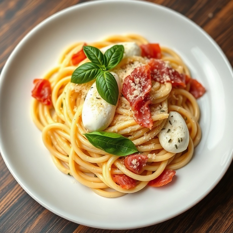 Single plated serving of creamy basil and garlic pasta garnished with fresh basil leaves on a white plate