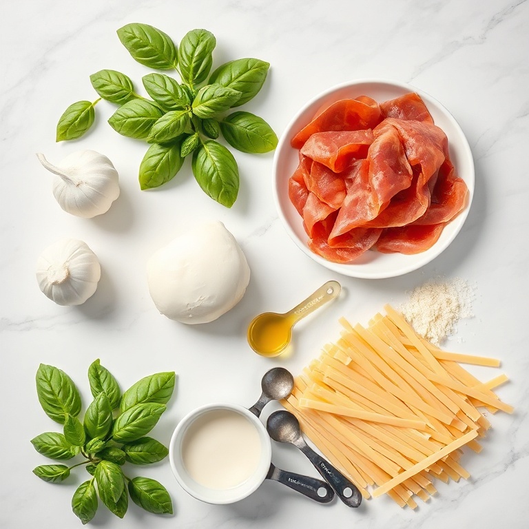 Overhead flat lay of raw ingredients including fresh basil, garlic cloves, burrata cheese, prosciutto slices, cream, and pasta