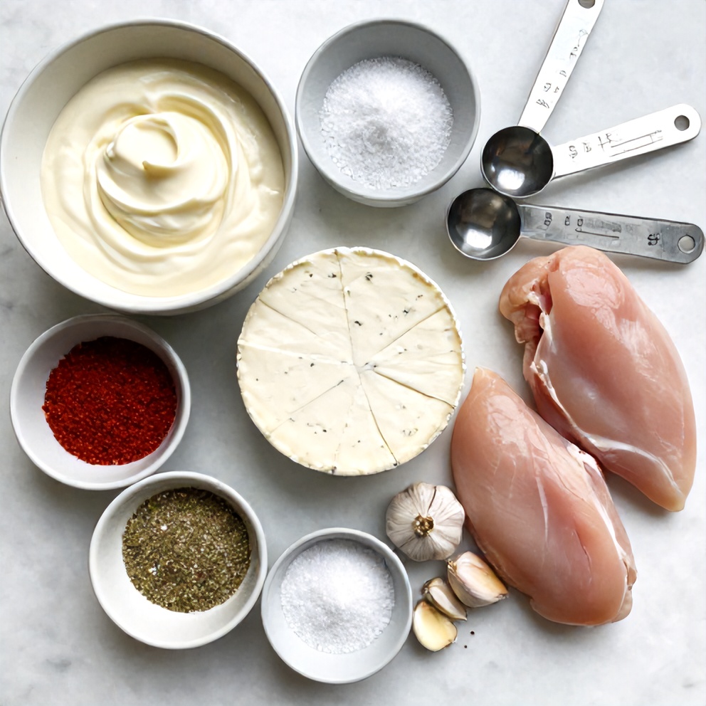 Raw ingredients for Creamy Boursin Chicken laid out on a wooden cutting board
