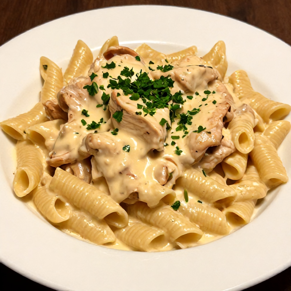 Plated creamy Cajun chicken pasta