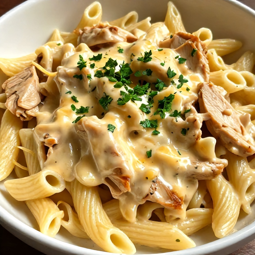 Plated Cajun chicken pasta with parsley garnish