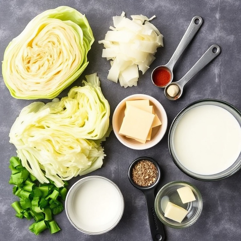 Raw cabbage, Parmesan cheese, butter, garlic, Cajun seasoning, and heavy cream arranged in a flat lay. Measuring spoons and bowls visible.