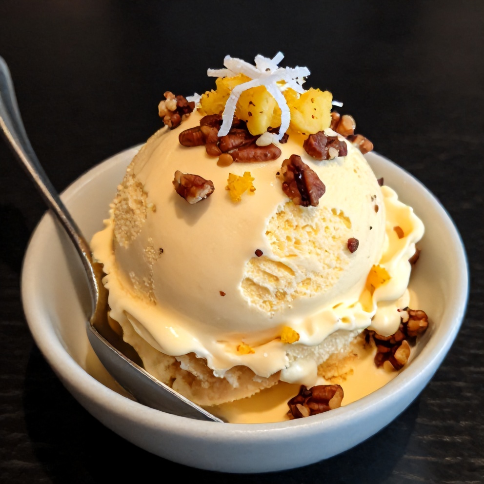 Plated serving of creamy carrot cake ice cream