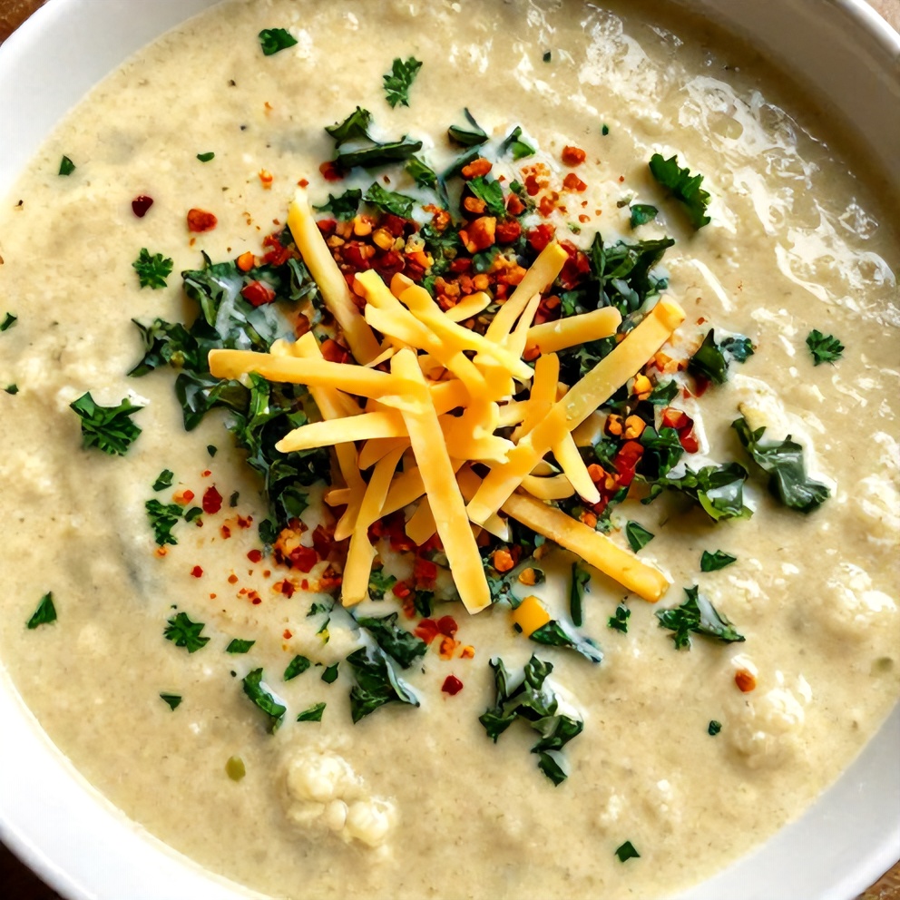 Creamy Cauliflower Sausage Kale Soup Served