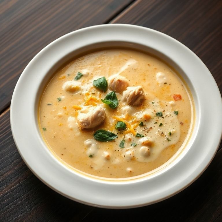 Close-up of plated creamy chicken parmesan soup garnished with fresh basil in a white bowl with warm side lighting