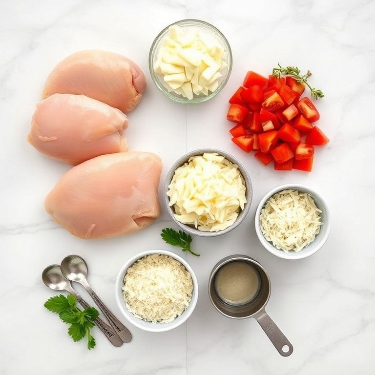 Overhead flat lay showing raw chicken breasts, shredded mozzarella, Parmesan cheese, garlic cloves, and tomatoes with measuring spoons and prep bowls on a white marble surface