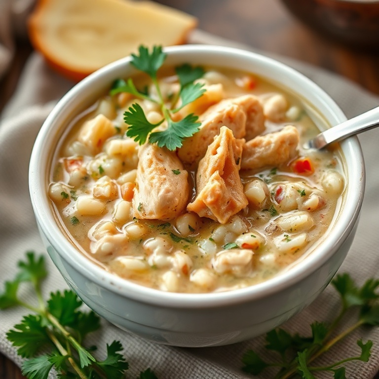 One perfect serving of creamy chicken wild rice soup. Topped with fresh parsley. Close crop. Warm side lighting. Photorealistic food photography style.