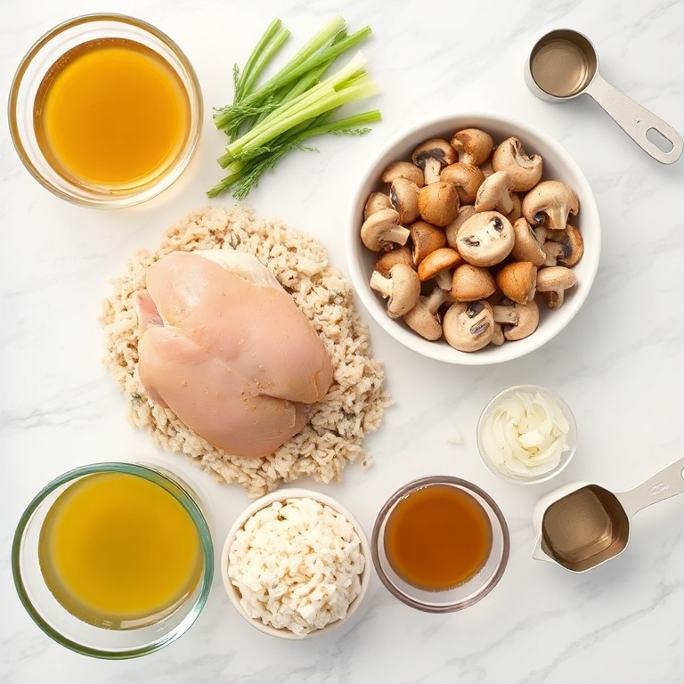 Overhead flat lay of chicken, wild rice, mushrooms, celery, onions, and chicken broth. Prep bowls and measuring cups visible. White marble surface. Bright even natural light.