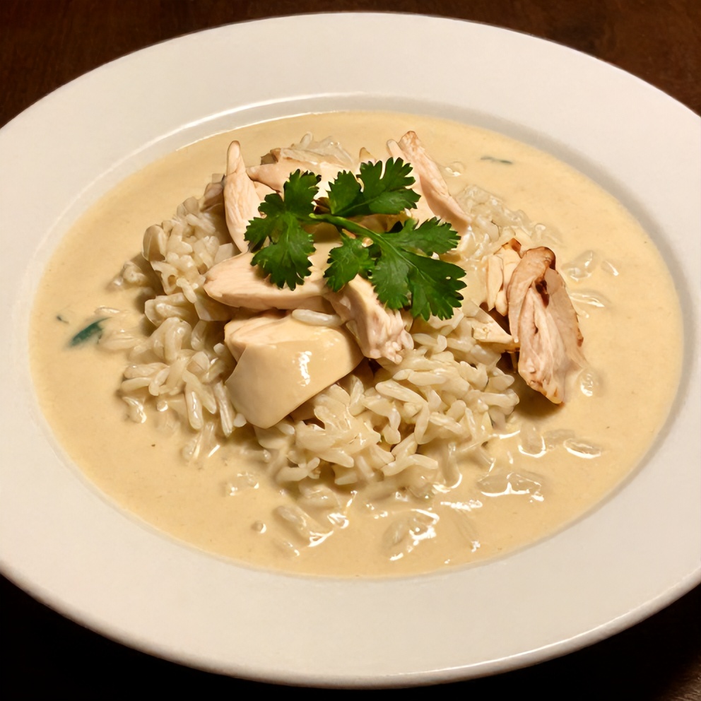 Plated Creamy Coconut Chicken Brothy Rice with fresh cilantro