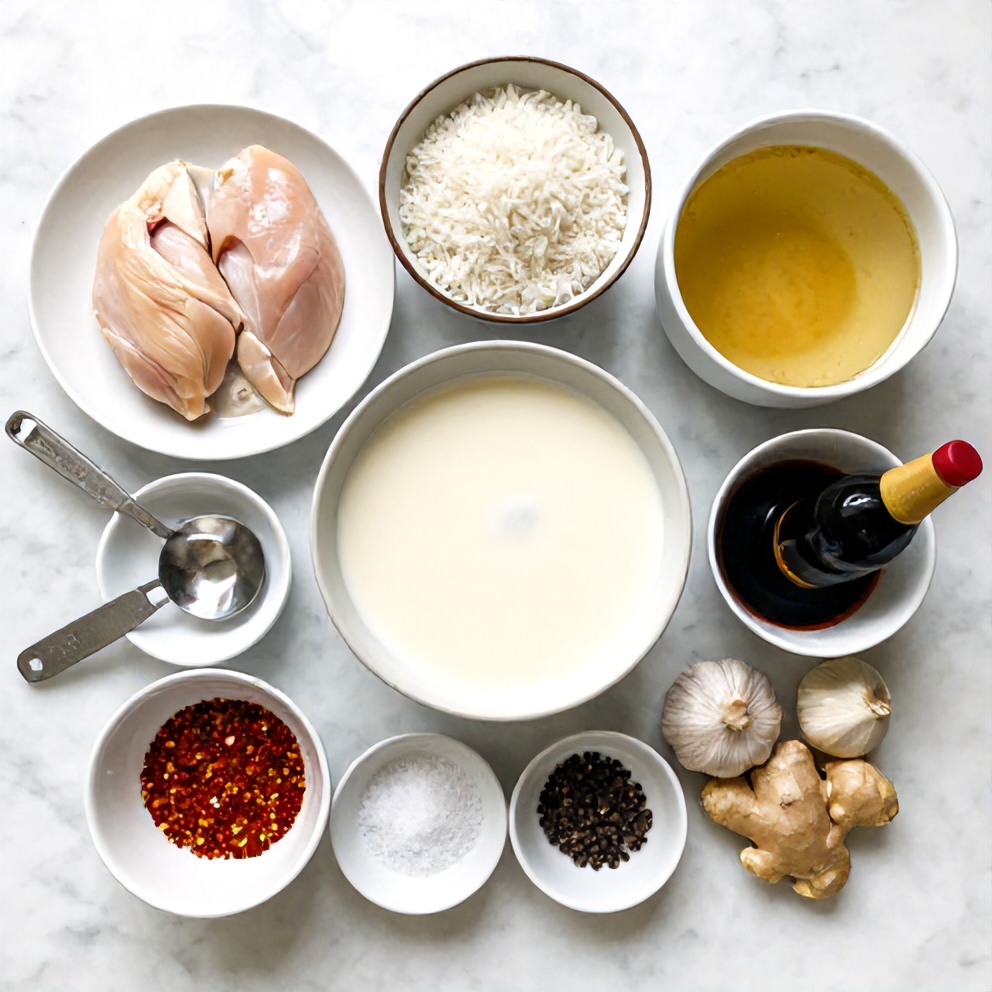Raw ingredients for Creamy Coconut Chicken Brothy Rice on a white marble counter