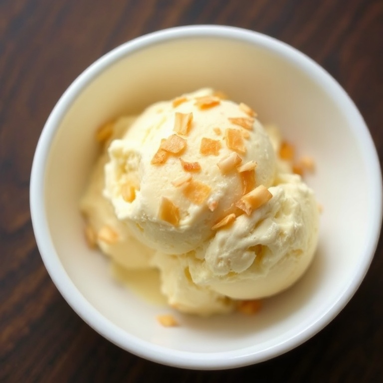 A perfectly plated scoop of coconut custard ice cream with a sprinkle of toasted coconut flakes. A white ceramic bowl sits on a dark wooden surface.