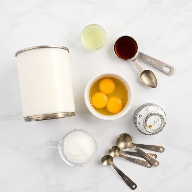 A flat lay of coconut milk, egg yolks, sugar, vanilla extract, and a splash of coconut oil. Measuring cups and spoons sit beside the ingredients on a white marble surface.