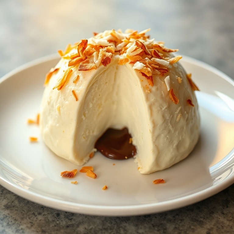 Plated creamy coconut dome dessert garnished with toasted coconut flakes on a white plate