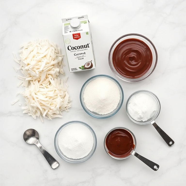 Overhead view of raw ingredients for creamy coconut dome dessert showing shredded coconut, coconut milk, chocolate spread, gelatin, and sugar