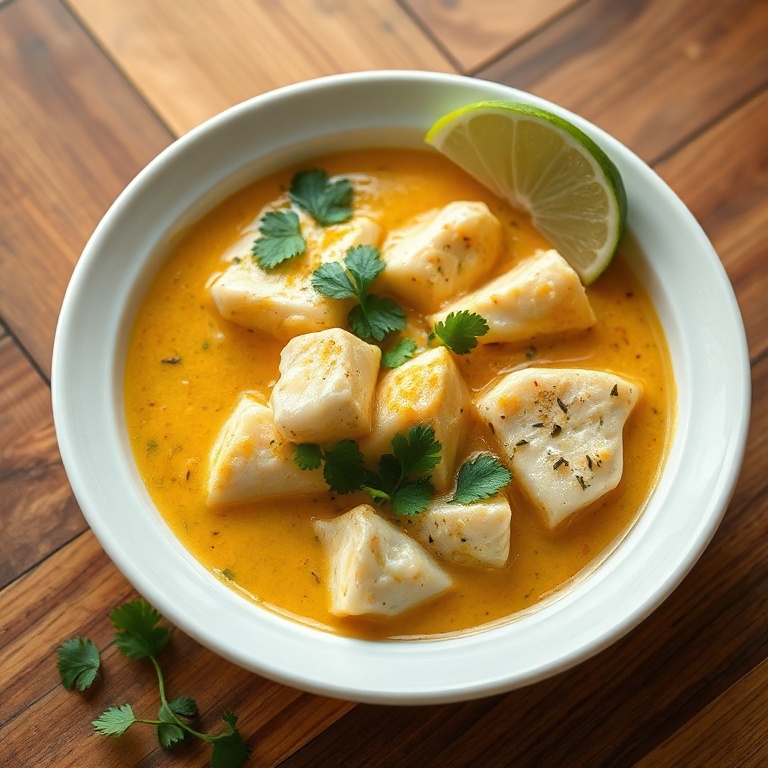 A bowl of creamy coconut fish stew garnished with fresh spinach and herbs on a rustic plate