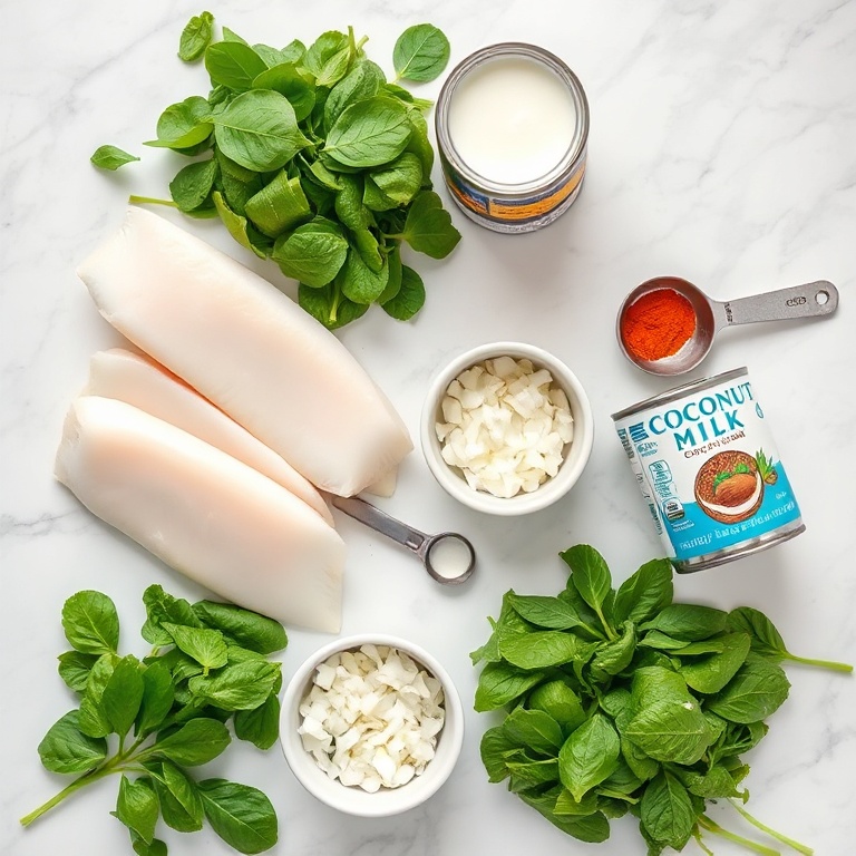 Overhead shot of raw ingredients including fresh fish fillets, spinach, coconut milk, curry powder, and onions