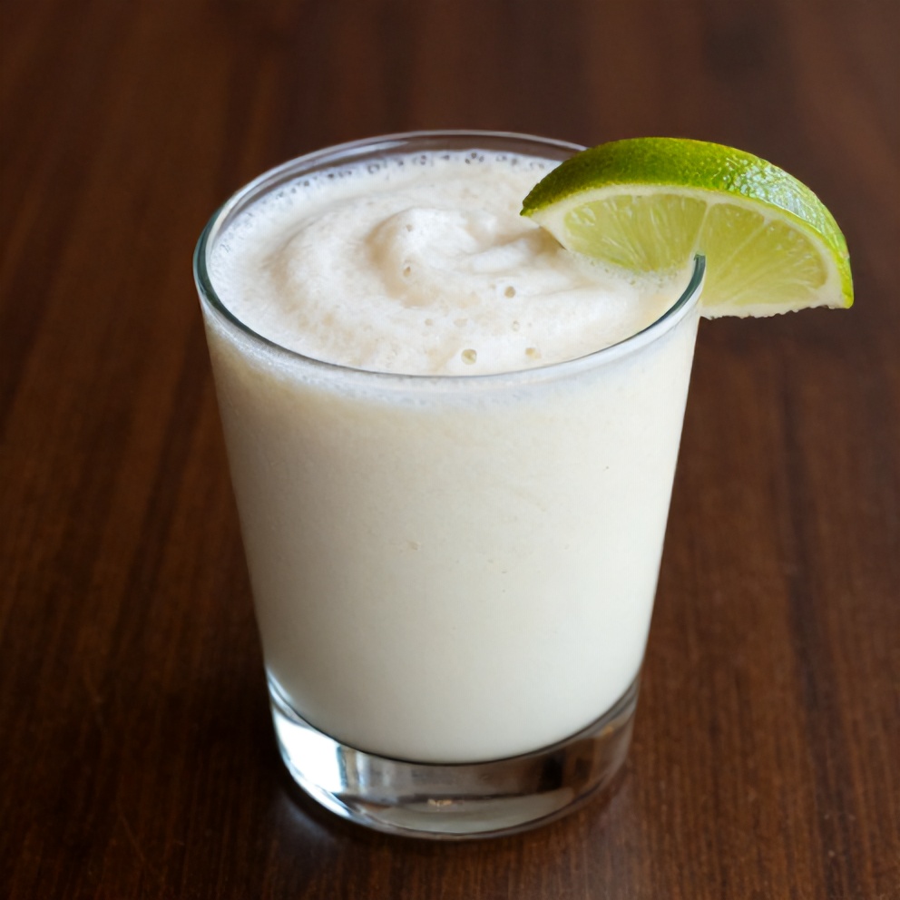 Coconut Key Lime Pie Smoothie with a lime wedge garnish