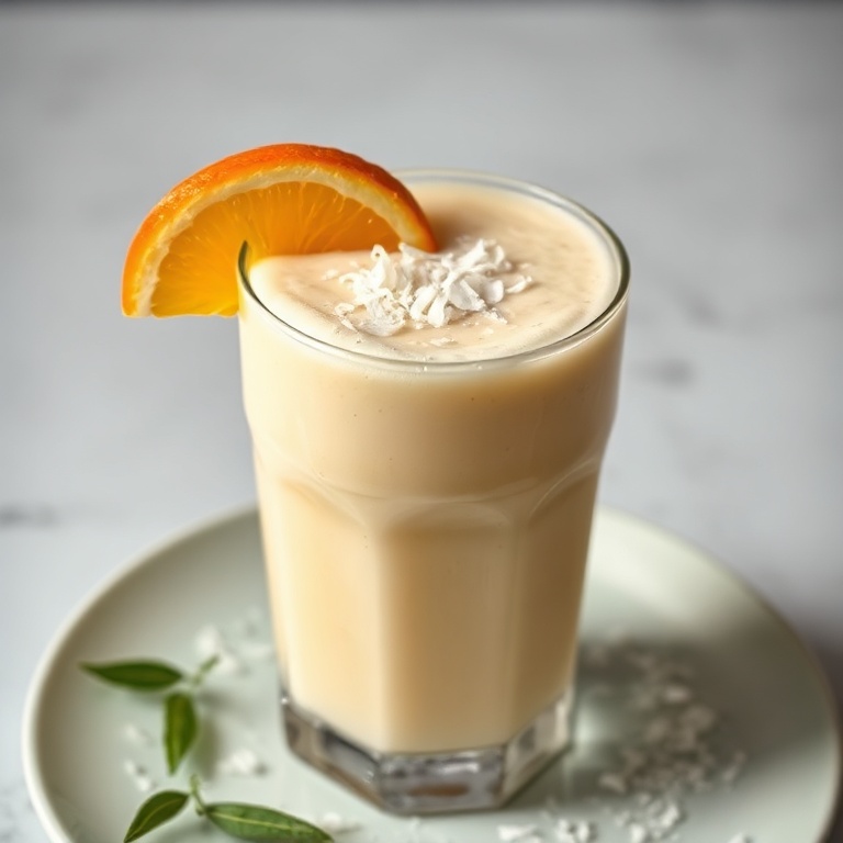 A perfectly plated creamy coconut orange smoothie in a glass, topped with a slice of orange and a sprinkle of shredded coconut, with warm side lighting highlighting the texture.