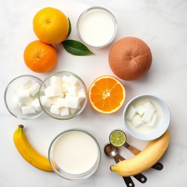 Raw ingredients for a creamy coconut orange smoothie arranged in an overhead flat lay. Fresh oranges, coconut milk, ice cubes, a banana, and a lime slice are the most visually prominent items.