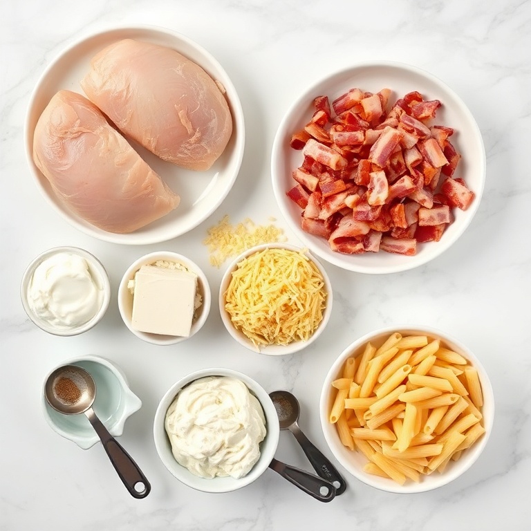 Flat lay of raw ingredients for creamy crack chicken casserole with chicken breasts, shredded cheese, bacon strips, pasta, and cream cheese with prep bowls on white marble surface