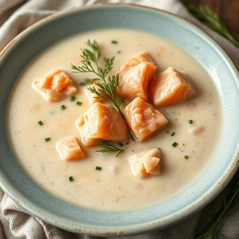 A close-up of a plated bowl of creamy Finnish salmon soup garnished with fresh chopped dill served in a light blue ceramic bowl under warm side lighting