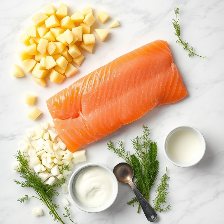 Overhead flat lay of raw ingredients including fresh salmon, potatoes, onions, fresh dill, and heavy cream arranged with measuring spoons on a white marble surface