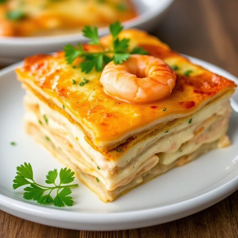 Perfectly plated Creamy Garlic Butter Shrimp Lasagna. Garnished with fresh parsley. Close-up of golden crust and creamy layers. Warm side lighting shows texture.