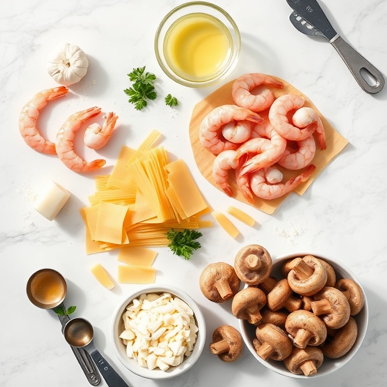 Fresh shrimp, garlic, butter, lasagna noodles, Parmesan cheese, and mushrooms arranged in a flat lay. Measuring spoons and bowls visible. Bright natural light on white marble surface.