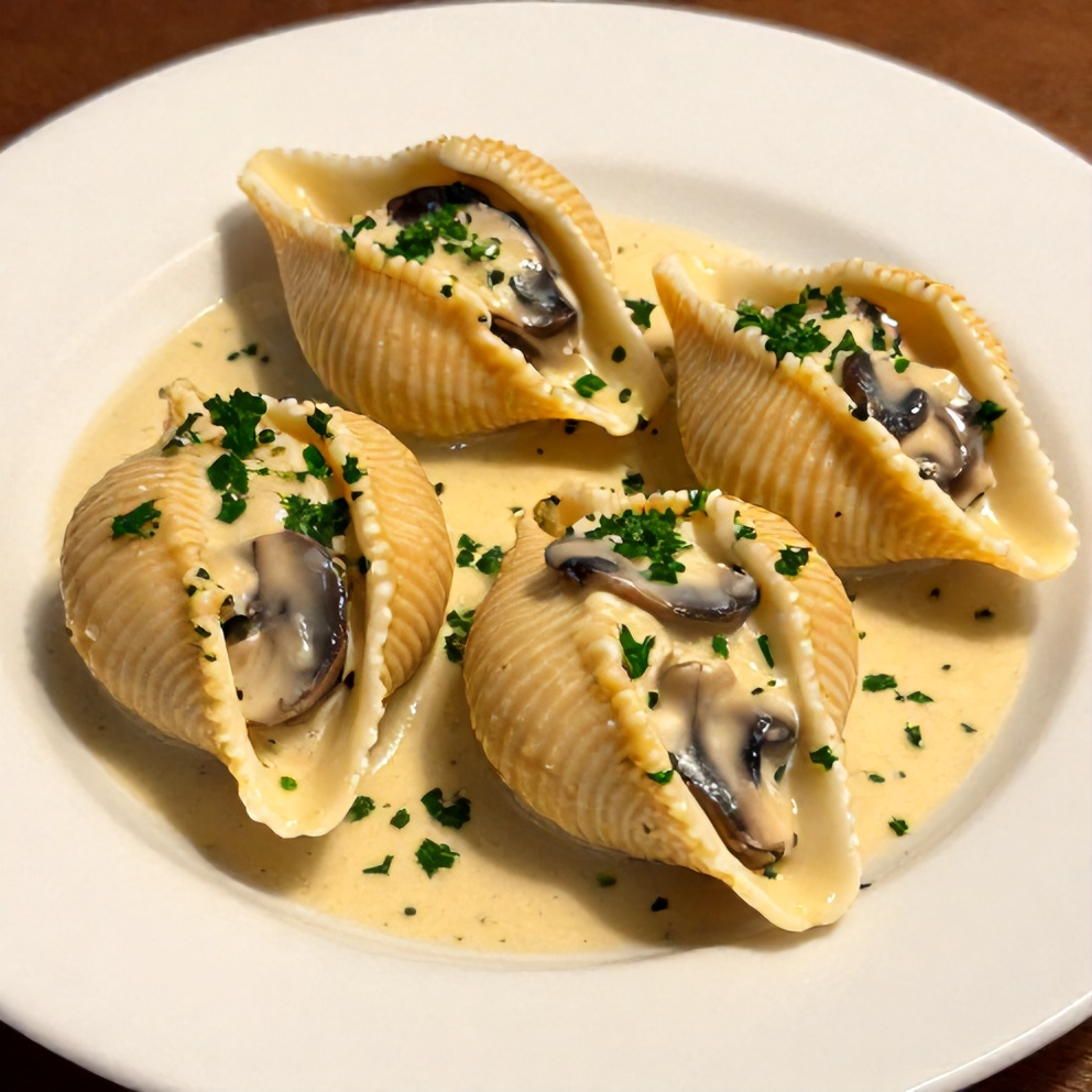 Plated Creamy Garlic Mushroom Stuffed Shells