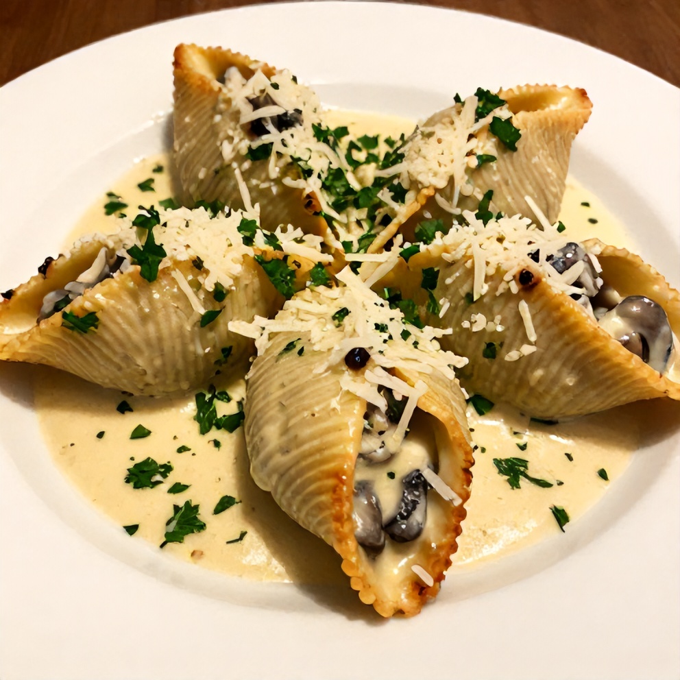 A plated serving of Creamy Garlic Mushroom Stuffed Shells with fresh parsley