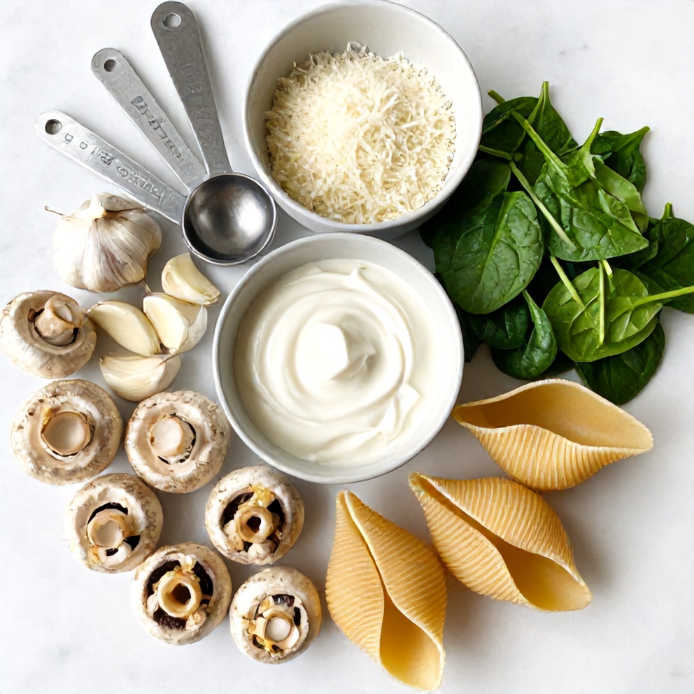 Raw Ingredients for Creamy Garlic Mushroom Stuffed Shells