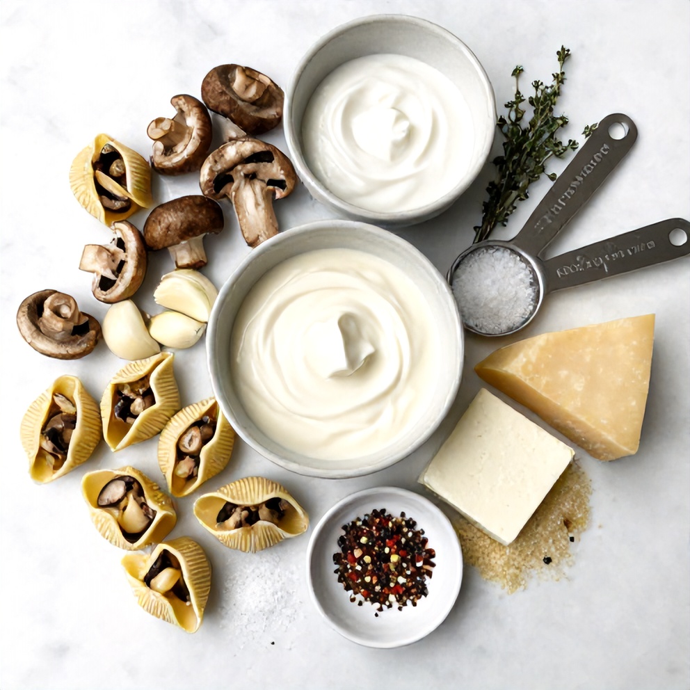 Raw ingredients for Creamy Garlic Mushroom Stuffed Shells arranged on a marble surface