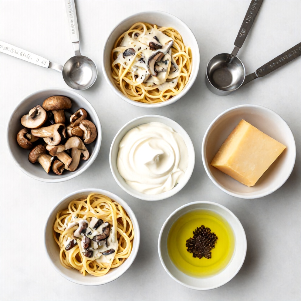 Raw ingredients for Creamy Gorgonzola Truffle Mushroom Sauce for Pasta