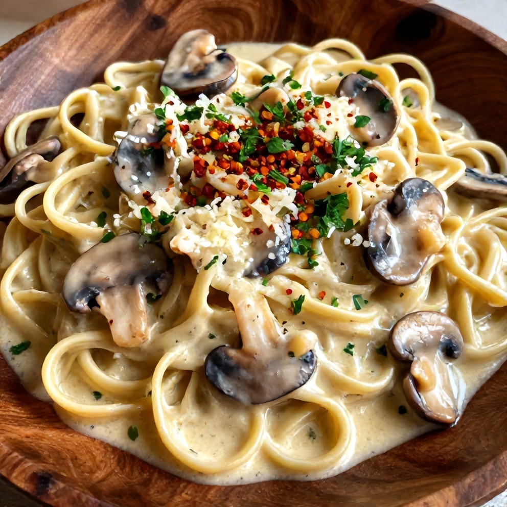 Plated Creamy Italian Mushroom Carbonara