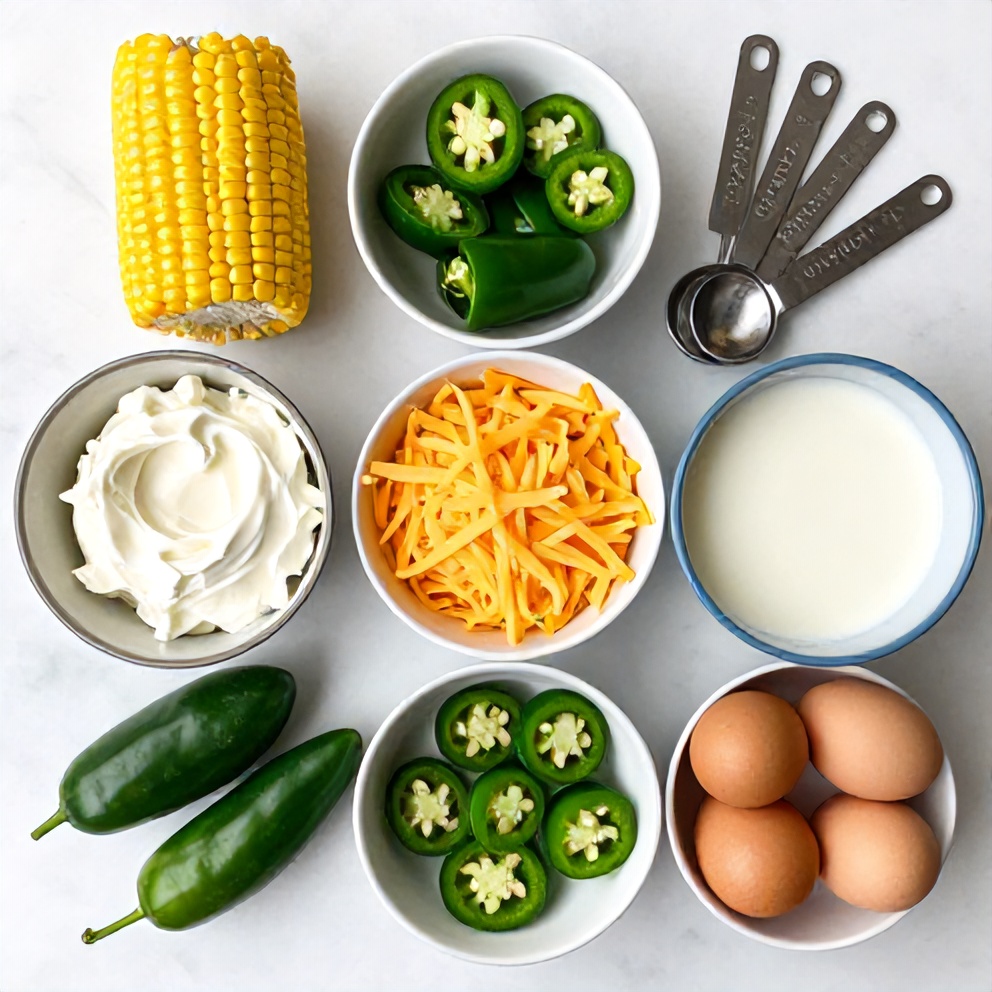 Raw ingredients for Jalapeno Popper Corn Casserole including corn, cream cheese, and jalapenos