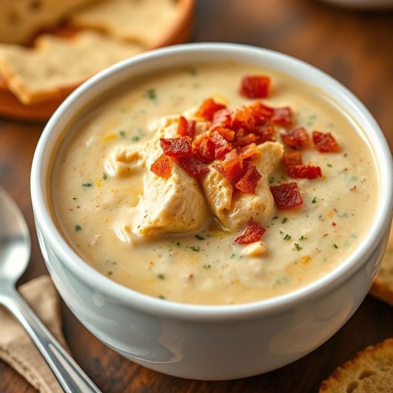 Creamy Jalapeño Popper Chicken Soup in a bowl with toppings