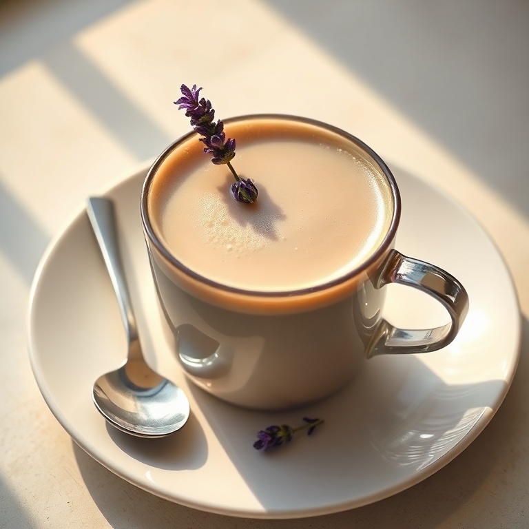 A single mug of creamy lavender milk tea with froth, a lavender sprig, and a spoon beside it on a white plate under warm lighting.